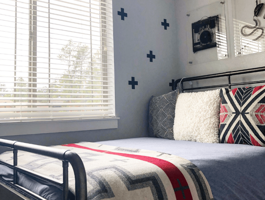masculine kids bedroom blue red white geometric cool jduce design