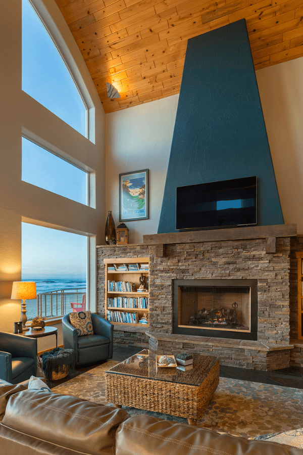 modern chimney stone fireplace ocean view mix design styles modern traditional jduce design blended families