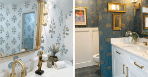 I chose Thibaut's Indian Flower in Spa Blue for my own bathroom remodel (left) and York Wallcovering's French Marigold in Blue for a client's powder bath remodel. As you can see, blue and gold are a classic combination!